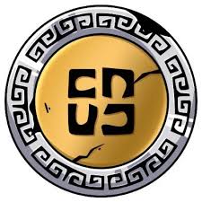 A circular gold and silver emblem featuring a swastika symbol surrounded by a Greek key/meander pattern border.