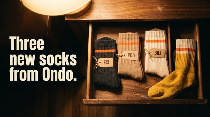 A warm-lit wooden drawer displays four pairs of knit socks with tags labeled "FXI," "PDD," "BILI," and a yellow pair without a visible tag, while bold text on the left reads "Three new socks from Ondo." The image cleverly illustrates the post's announcement of newly listed tickers ($FXI, $PDD, and $BILI) on Sock Market.