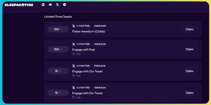 A screenshot of the 'Sleepagotchi' platform displaying 'Limited-Time Quests' with tasks like following Ateredium, and engaging with tweets to earn points.