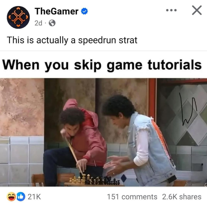 A Facebook post by TheGamer captioned 'This is actually a speedrun strat' features a meme titled 'When you skip game tutorials', showing two young men slamming a chessboard in frustration, with 21K reactions and 2.6K shares.