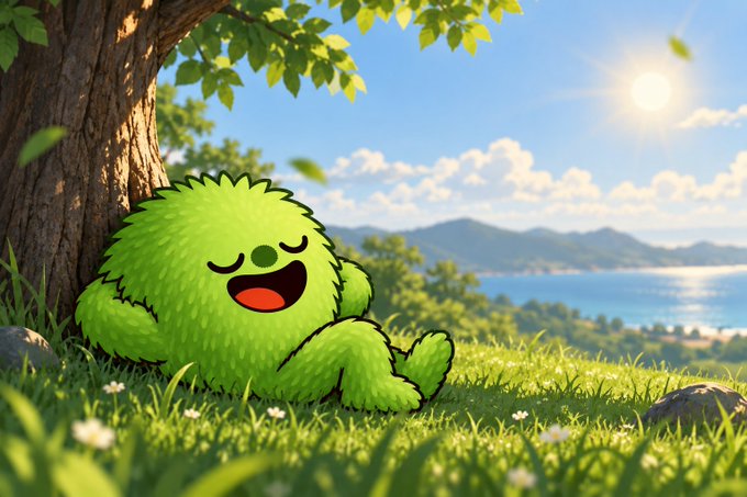 An illustration of a fuzzy green cartoon creature sleeping happily under a tree on a grassy hill overlooking the sea.