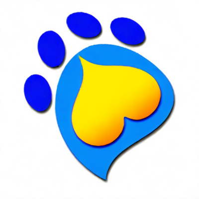 A digital illustration of a blue paw print containing a yellow and orange liquid-like droplet in the center.