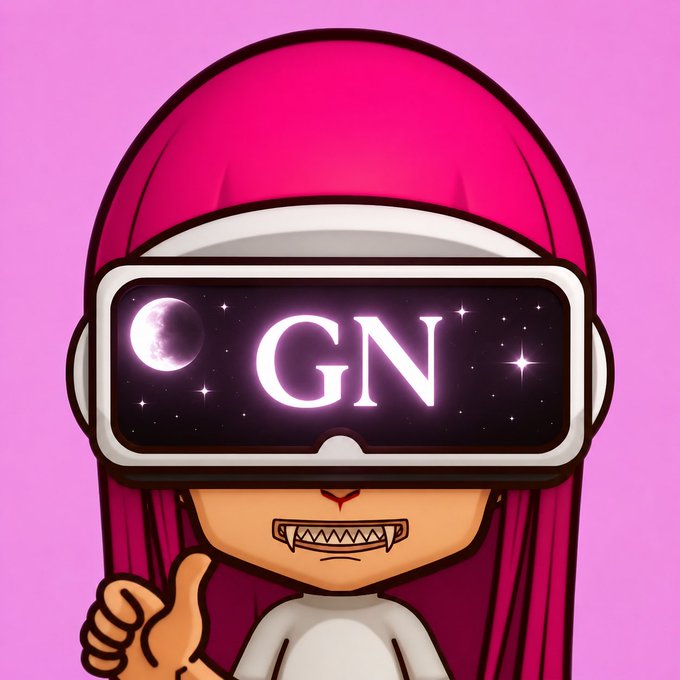 A cartoon-style character with a pink hood gives a thumbs-up while wearing a VR-style headset displaying a night sky with a crescent moon, stars, and the letters "GN" against a pink background.
