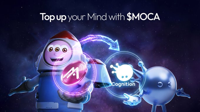 The image features a cartoon astronaut in a spacesuit holding a coin labeled "M1," with a glowing arrow pointing toward a metallic robot character labeled "Cognition," all set against a cosmic starry background with the headline "Top up your Mind with $MOCA." This visual reinforces the post's message that $MOCA is used to power up AI Minds on the platform, depicting the token as a literal fuel source that transfers cognitive capability from the user to their AI Mind.