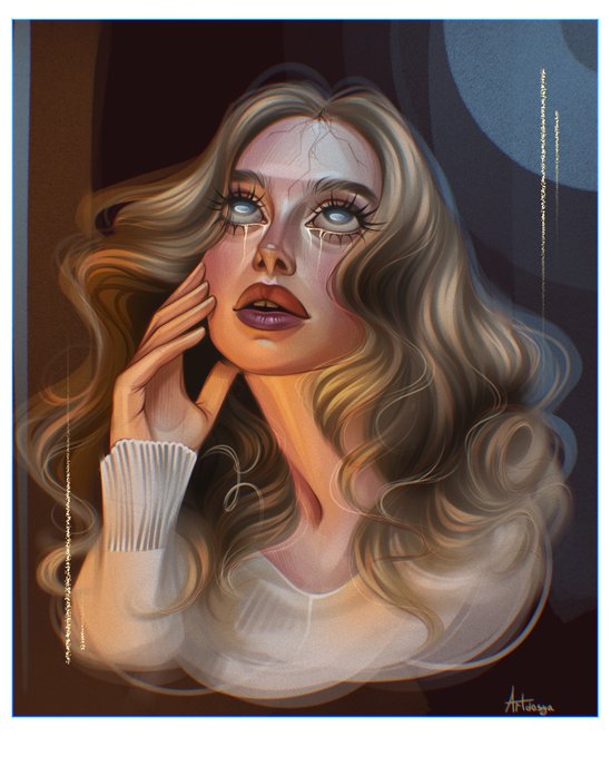 A digital painting of a young woman with long, wavy blonde hair and large blue eyes, with her hand resting near her face, signed 'Artanya' in the corner.
