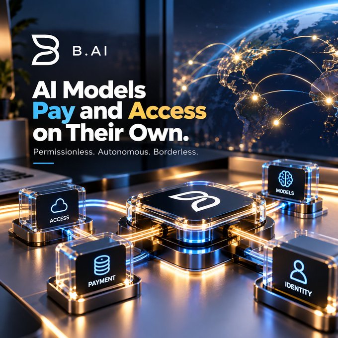 An advertisement for 'B.AI' featuring the text 'AI Models Pay and Access on Their Own. Permissionless. Autonomous. Borderless.' alongside icons for Models, Access, Payment, and Identity.