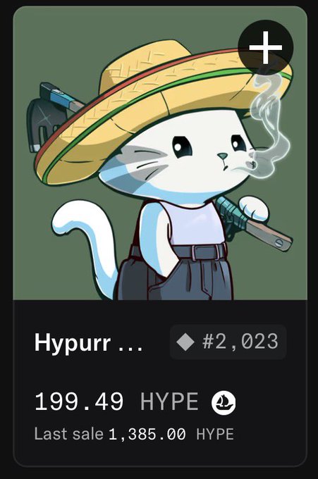 A digital trading card displays "Hypurr..." NFT #2,023 with 199.49 HYPE listed price and a "Last sale 1,385.00 HYPE" notation, featuring an illustrated white cat wearing a sombrero and carrying a gun. The card directly visualizes the post's point, highlighting the dramatic price drop from the previous sale to the current listing.