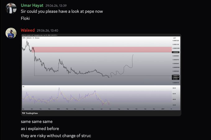 A Discord chat where a user asks about PEPE and FLOKI, accompanied by a PEPE/USDT TradingView chart showing a prolonged downtrend with a highlighted resistance zone, while the other user warns "same same same as I explained before they are risky without change of struc" (structure).