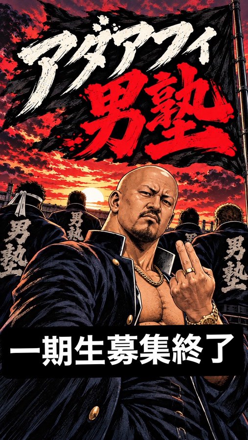 A bold, manga-style illustration of a stern bald man in a black jacket flashing a middle finger, backed by fellow members in matching uniforms with "男塾" (Dojo) emblems, under a dramatic red sky with Japanese text "アダアフィ男塾" and a banner reading "一期生募集終了" (Recruitment for the First Cohort Has Ended), visually echoing the post's announcement that the AdaAffiliate Men's Dojo has closed its first-round applications after receiving approximately 800 entries.