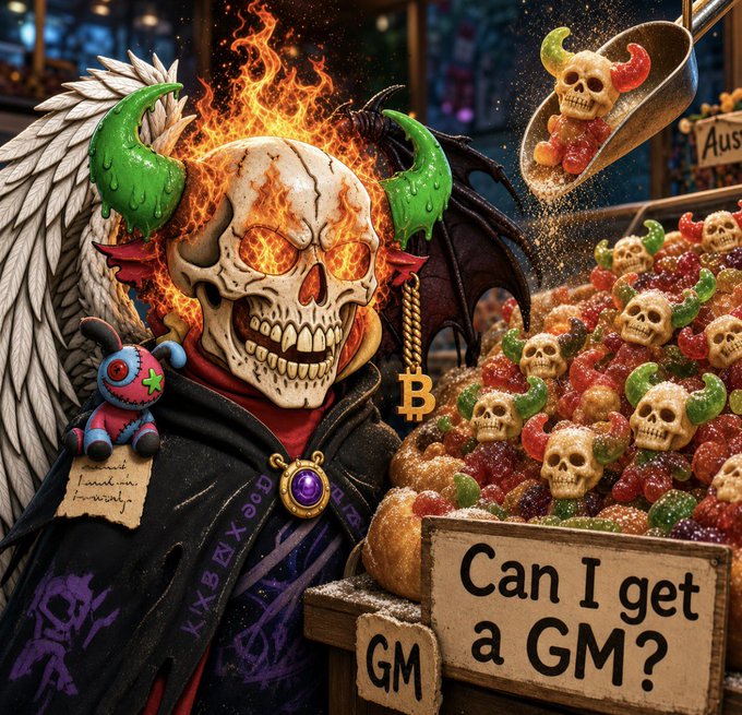 A vibrant illustration of a flaming skull demon with green horns next to a pile of skull-shaped candy and cereal, with signs reading 'Can I get a GM?' and 'GM'.