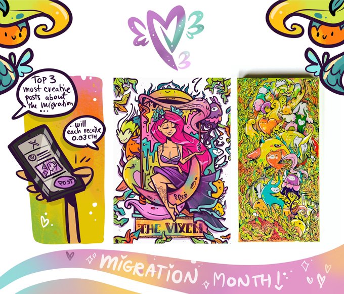 A colorful Instagram-themed promotional graphic for 'Migration Month' featuring three artistic phone screens, with text 'Top 3 most creative posts about the migration', 'Will each receive 0.03 ETH', '2023', 'THE VIXEL', and 'MIGRATION MONTH'.