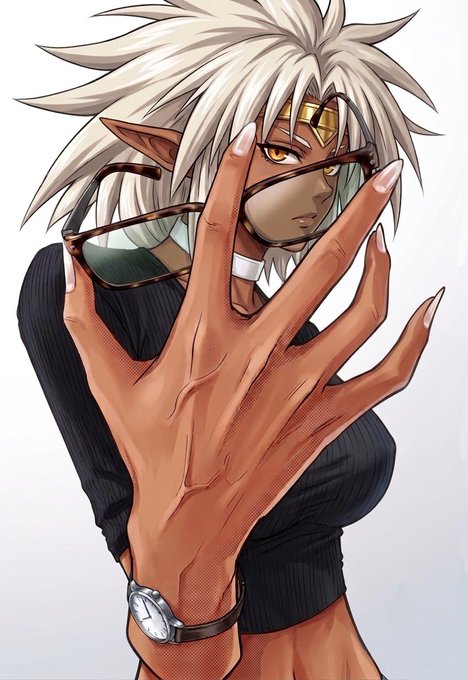 An anime-style illustration of a dark-skinned elf-like character with white hair and pointed ears, wearing large sunglasses and a black top, with one hand raised showing long nails and a wristwatch.