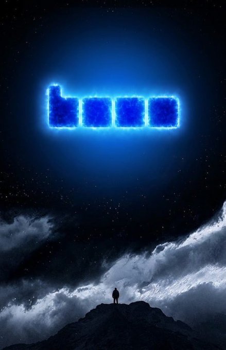 ?".BOON" is displayed in a large, blue neon font against a dark sky with white clouds and stars.
