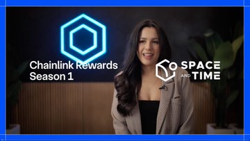 The image features a woman with long hair, wearing a brown jacket, standing against a blue background. She appears to be smiling at the camera. In front of her are two potted plants, one located closer to the left side of the frame and another on the right side. The text "chainlink rewards season 1" is written in white above the woman's head, while the phrase "o space and time" is written below it.
