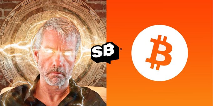 Promotional image featuring a man with glowing eyes and lightning effects alongside the "SB" logo and a large Bitcoin (BTC) symbol on an orange background.