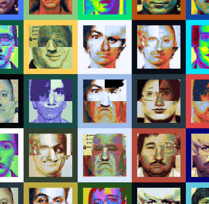 A colorful grid collage of multiple stylized, glitch-effect portrait images of various people arranged in a repeating pattern.