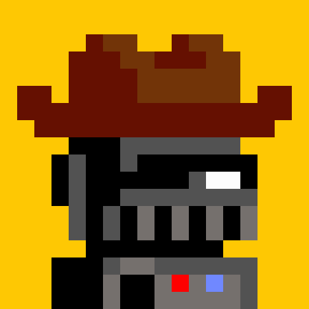 Pixel art character with a wide brown hat, dark body, a single white eye, and red and blue squares on its torso, set against a yellow background.