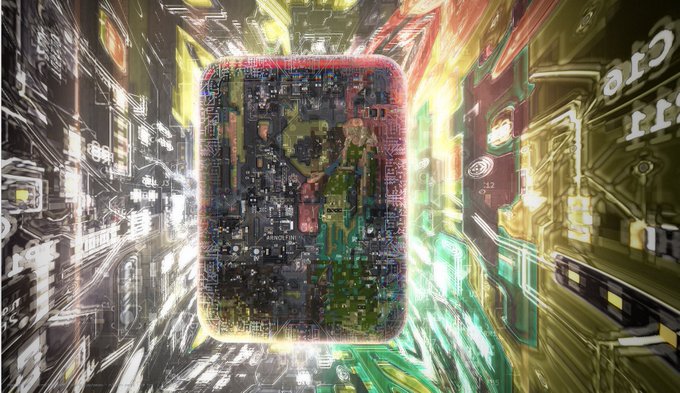 An abstract, heavily distorted image featuring a central rectangular chip-like shape surrounded by warped architectural or circuitry-like patterns in green, gold, and black tones.
