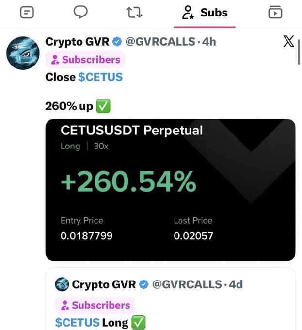The image shows a screenshot of a tweet from "Crypto GVR" (@GVRCALLS) announcing a closed trade on $CETUS with a +260.54% gain, displaying an entry price of 0.0187799 and last price of 0.02057 on a 30x long position. The post highlights the profitable trade as part of a series shared with subscribers, with the original entry shown at the bottom of the image.