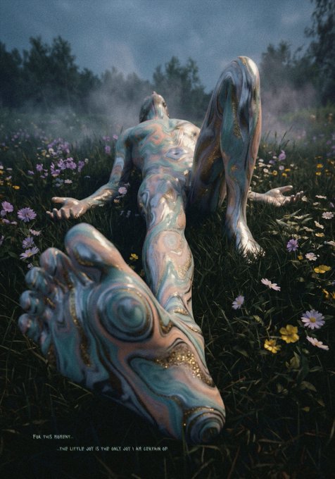 The image features a person lying down in a grassy field surrounded by flowers. The person's feet are visible, with their toes pointing towards the top left corner of the image. The background consists of trees and bushes, creating an outdoor setting for this scene. The image also includes text that reads "Beneath Your Back" and "@objktcom 1/1".
