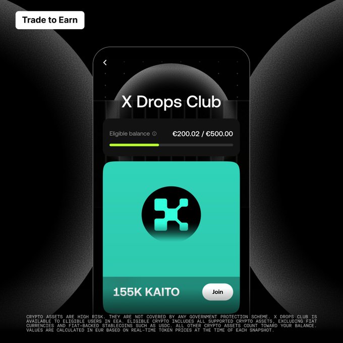 A mobile app screen showing 'X Drops Club' with an eligible balance of €200.02/€500.00 and a '155K KAITO' token offer with a Join button.