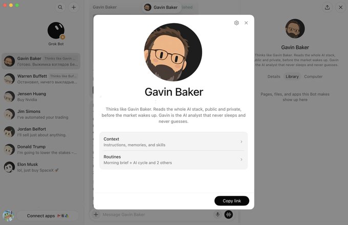A screenshot of a chatbot interface featuring a profile for 'Gavin Baker' with the description 'Thinks like Gavin Baker. Reads the whole AI stack, public and private, before the market wakes up. Gavin is the AI analyst that never sleeps and never guesses.' The left sidebar shows other bots including Grok Bot, Warren Buffett, Jensen Huang, Jim Simons, Jordan Belfort, Donald Trump, and Elon Musk.