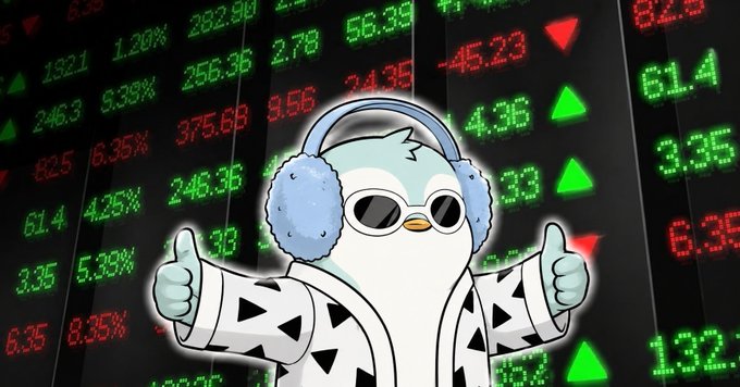 A cartoon penguin character wearing blue earmuffs, sunglasses, and a patterned jacket giving two thumbs up in front of a stock market display board showing green and red numbers with up and down arrows.