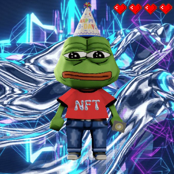 The image features a cartoon frog wearing a party hat, standing against a blue background with neon lights. The frog has a name tag that reads "NFT", which suggests that this might be related to the NFT (Not-for-profit token) community or cryptocurrency space. The text "Good morning NFTs" is also present in the image, indicating a connection between the cartoon frog and the NFT community.