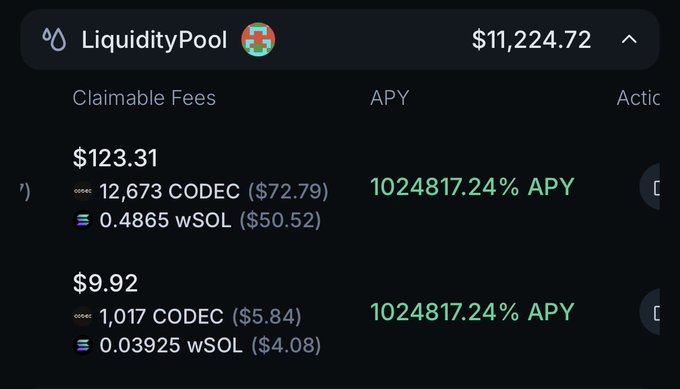 A LiquidityPool dashboard showing $11,224.72 with claimable fees of $123.31 and an exceptionally high APY of 1024817.24% on CODEC and wSOL tokens.
