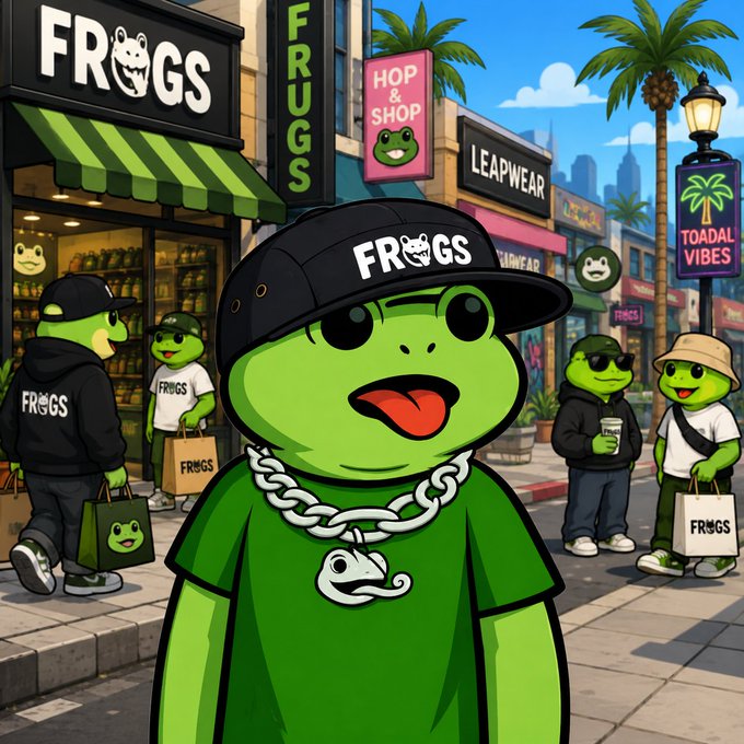 A cartoon illustration of Pepe the Frog characters wearing 'FROGS' merchandise, including a black cap and chain, standing in front of a 'FROGS' storefront with a 'HOP & SHOP' sign.
