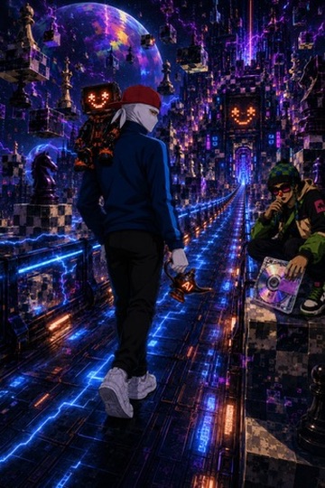 A vibrant digital illustration of a person in a blue jacket walking through a neon-lit cyberpunk cityscape with a large, glowing-eyed stuffed creature on their shoulder.