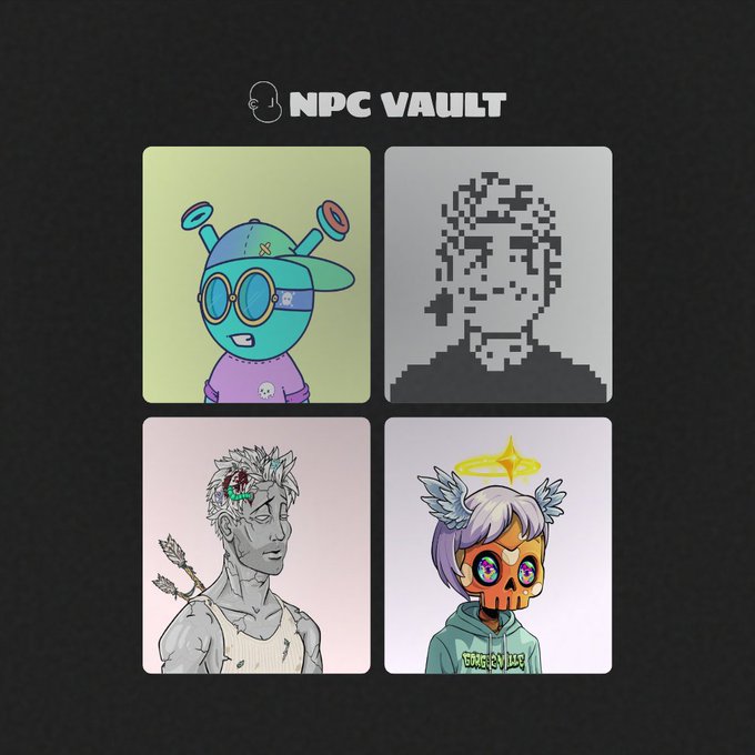 The image features four square illustrations of cartoon characters, including a man with a hat and sunglasses, a woman wearing a halo, an alien with antennae, and a man with a sword. The text "NPCC Vault" is written above each illustration in white letters.