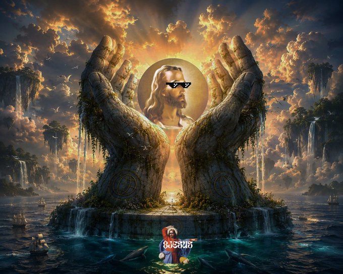 A fantastical landscape features giant stone hands cradling a glowing golden figure wearing pixelated sunglasses, while a small boat and a character with a 'JESUS' sign float in the water below.