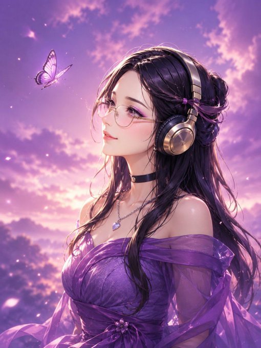 A digital artwork of an anime-style young woman with long dark hair, wearing glasses, headphones, and a purple dress, with a purple butterfly flying near her against a pink and purple cloudy sky.