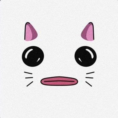 A simple cartoon-style drawing of a cute cat face with pink ears, large black eyes, whiskers, and a small pink mouth on a white background.