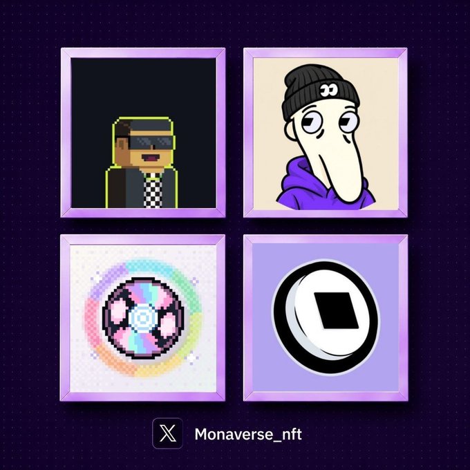 A digital display of four NFT artworks in purple frames on a dark background, featuring a pixelated character with sunglasses, an NFT beanie cartoon character, a colorful disc design, and a coin logo, branded with 'Monaverse_nft' and an X (Twitter) icon.