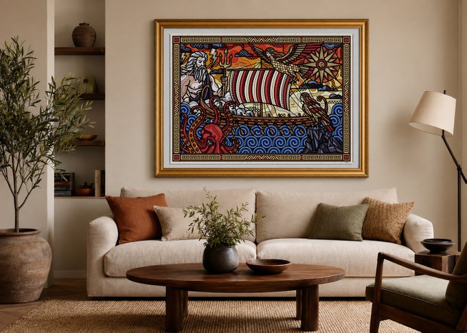 A modern living room features a cream-colored sofa with earth-toned pillows, a wooden coffee table, and a large framed Viking-themed artwork depicting a longship, raven, and Norse symbols hanging above.