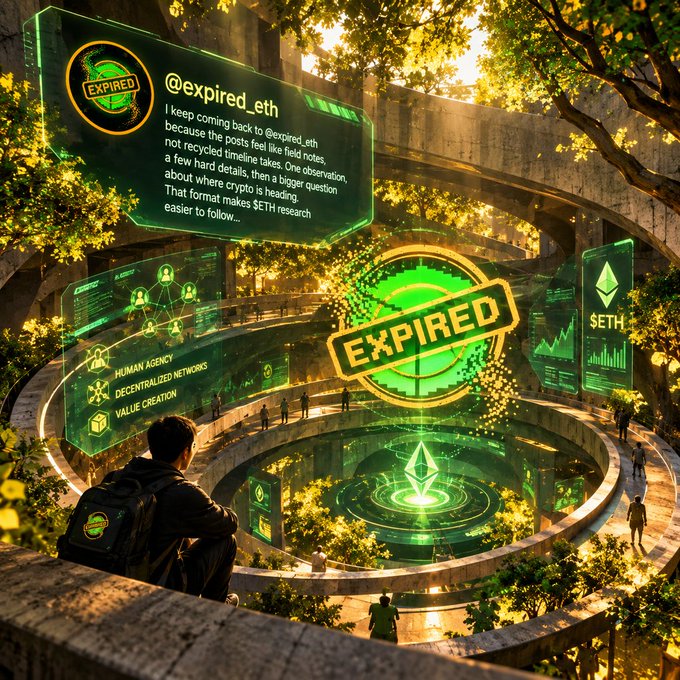 A futuristic digital art scene with a green holographic 'EXPIRED' stamp and text describing @expired_eth, with 'ETH' and 'SETH' tickers visible in an overgrown tech-themed environment.
