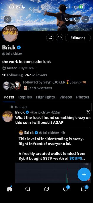 A screenshot of a Twitter/X profile for "Brick" (@brickbtw) shows a pinned post discussing insider trading, including a chart reference to a freshly created Bybit wallet that bought $37K worth of $CUPS, tying into the caption's mention of a "first win" potentially linked to the crypto token.
