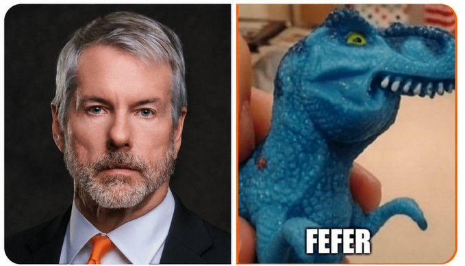 A meme image with two panels: a portrait of a serious-looking man with gray hair on the left, and a blue toy dinosaur with the word 'FEFER' on the right.