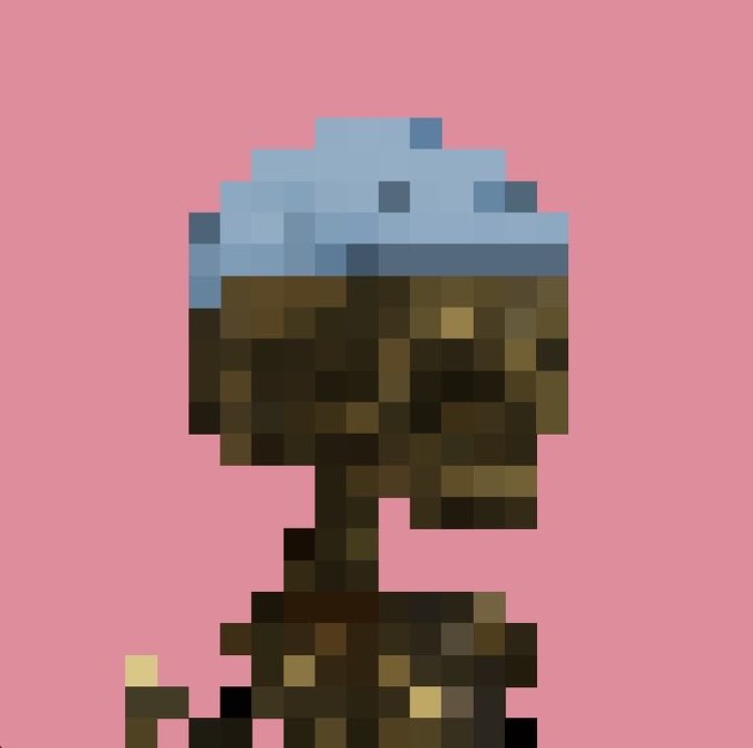 A low-resolution pixel art rendering of a dirt block with grass on top from the video game Minecraft, set against a solid pink background.