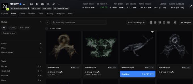 Screenshot of an NFT marketplace page displaying a collection of pixelated character artworks with prices listed in ETH, showing items like "NTRPY #358", "NTRPY #123", "NTRPY #1605", and "NTRPY #752".