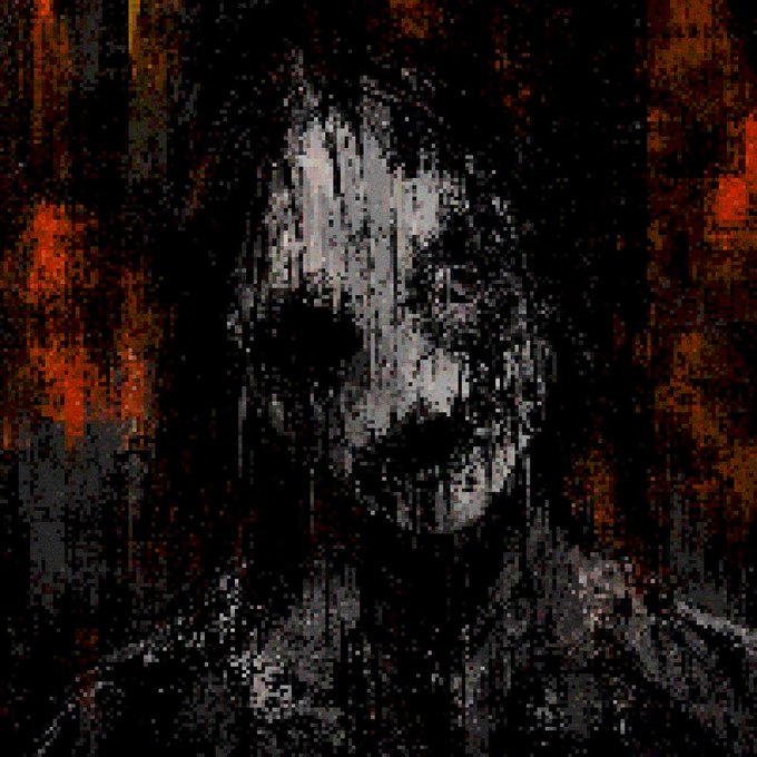 A dark, heavily pixelated and glitched image depicts a ghostly skull-like face obscured by static and black digital noise, set against a distressed reddish-brown background.