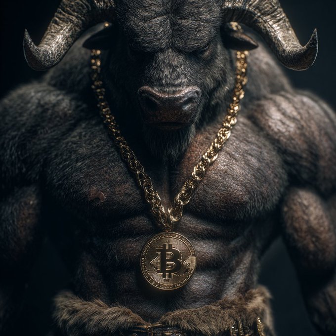 A digital artwork of a muscular, dark-furred minotaur wearing a large gold Bitcoin medallion around its neck against a dark background.