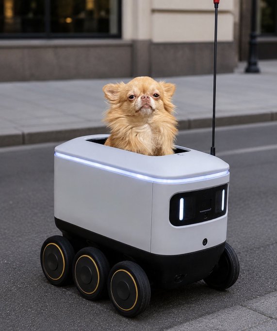 A small fluffy tan dog sitting inside a white and black six-wheeled robotic delivery vehicle with an antenna, parked on a paved street.