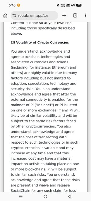 A mobile screenshot of socialchain.app displaying Section 7.5 'Volatility of Crypto Currencies' from what appears to be terms of service or disclaimer text.