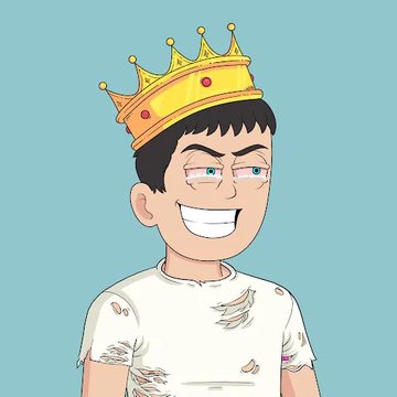 A cartoon illustration of a smiling boy with short black hair wearing a large golden crown with red jewels and a torn white t-shirt against a teal background.