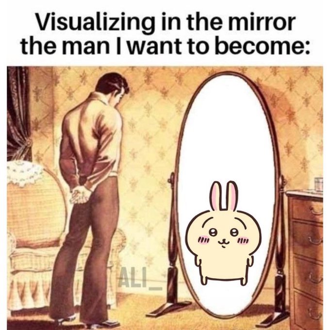 A meme featuring a vintage illustration of a man standing before a cheval mirror, captioned "Visualizing in the mirror the man I want to become:" with a cute cartoon rabbit (Chiikawa's Usagi) appearing as his reflection instead of himself.