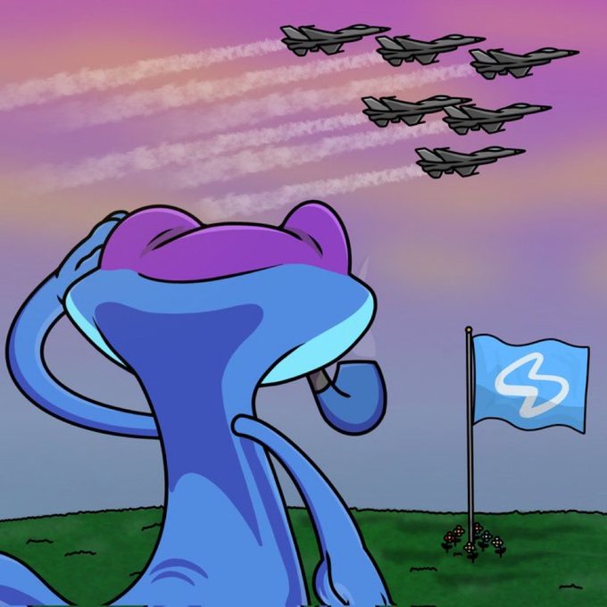 A cartoon illustration of a blue frog character watching military fighter jets fly overhead leaving white smoke trails, with a blue flag bearing an 'S' logo on a grassy field.
