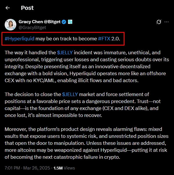 A screenshot of a post by Gracy Chen @GracyBitget stating '#Hyperliquid may be on track to become #FTX 2.0,' criticizing the platform's handling of the $JELLY incident and warning of potential catastrophic failure.